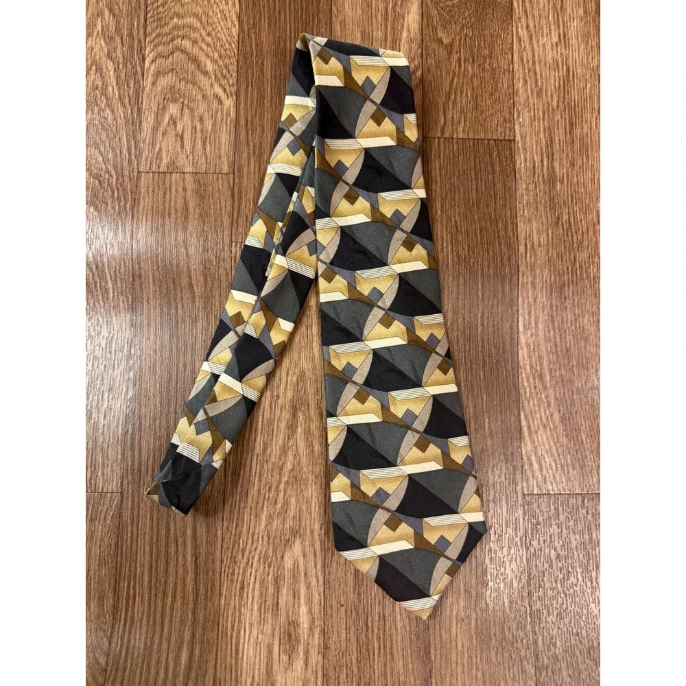 Domani Uomo Silk Tie Grey Gold Black Geometric Abstract Mens Necktie Business
